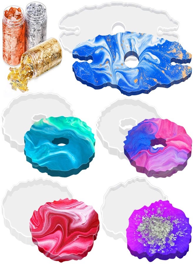 Audab Coaster Molds for Resin Casting, Audab DIY 4Pcs Geode Coaster Molds 1Pcs Silicone Wine Rack Resin Mold with Foil Flakes for Resin Casting Agate Slice Coasters, Wine Glasses Holder, Home Decoration - Image 1