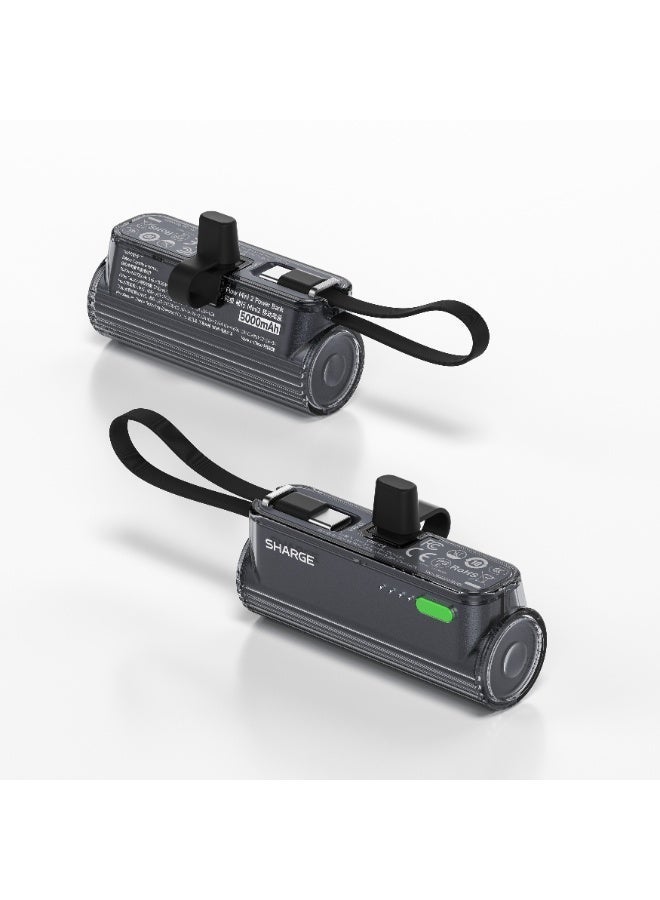 شارج بنك طاقة SHARGE Flow Mini 2 بسعة 5000 مللي أمبير في الساعة، شحن سريع بقوة 22.5 واط، موصل قابل للتبديل (USB-C وLightning)، كابل USB-C مدمج، شاحن محمول لا يحتاج إلى كابلات خارجية – أسود - Image 2