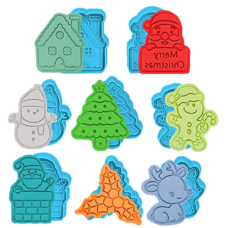 Husaini Mart HUSAINI MART 8PC Xmas Cookie Press Cutter Set Fondant Cutter Plunger DIY Baking Mould Cake Topper CookiesBrowniePastryChocolateChristmas Festive CELEBERATION Multicoloured  - Image 1