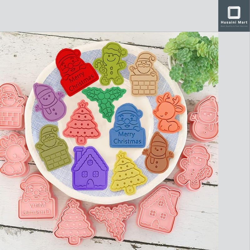 Husaini Mart HUSAINI MART 8PC Xmas Cookie Press Cutter Set Fondant Cutter Plunger DIY Baking Mould Cake Topper CookiesBrowniePastryChocolateChristmas Festive CELEBERATION Multicoloured  - Image 3