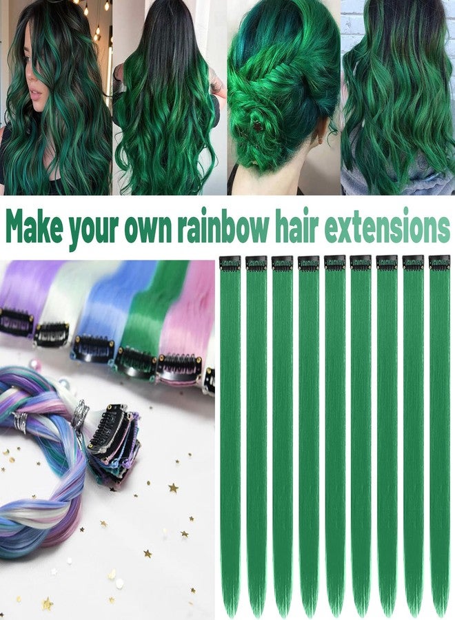 TOFAFA 22 inch Colored Hair Extensions,Color Green Party Highlights Clip in Synthetic Hair Extensions,Colorful Long Straight Hairpieces for Girls Women Favor Gift(10 PCS Dark Green) - Image 2