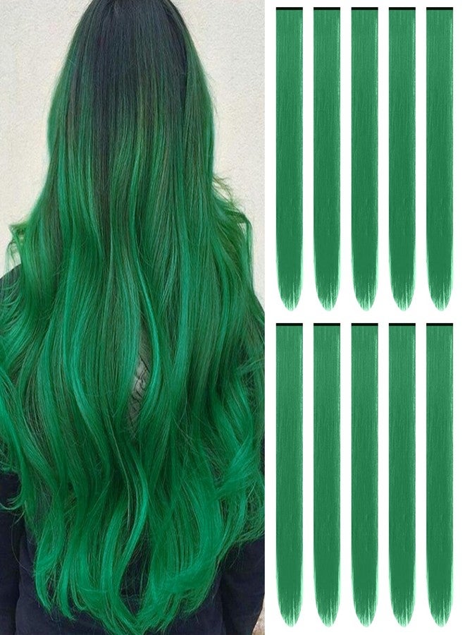 TOFAFA 22 inch Colored Hair Extensions,Color Green Party Highlights Clip in Synthetic Hair Extensions,Colorful Long Straight Hairpieces for Girls Women Favor Gift(10 PCS Dark Green) - Image 1