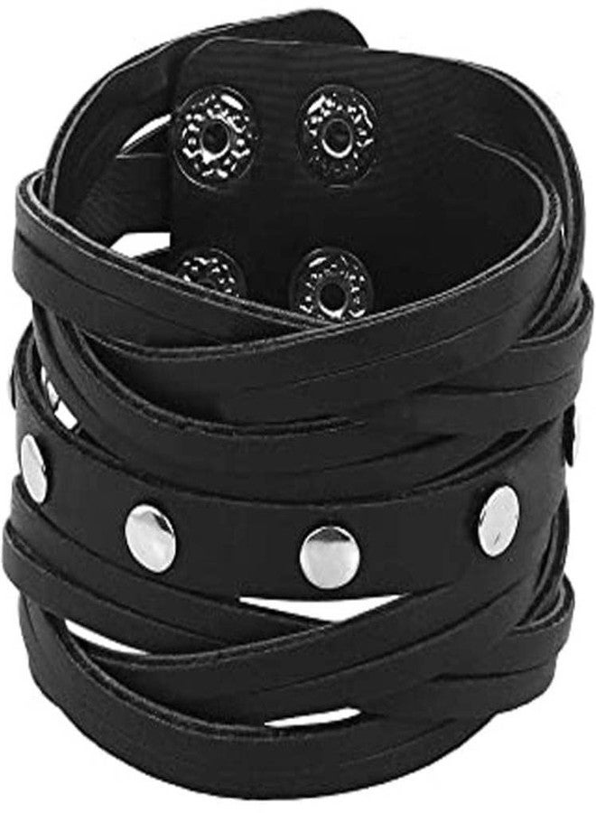 BEAUTIVIA Trending Leather Black Broad Metal Width Gym Style Solid Wrist Band Bracelet Cuff for Boys/Men (Black) - Image 1