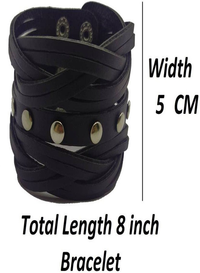 BEAUTIVIA Trending Leather Black Broad Metal Width Gym Style Solid Wrist Band Bracelet Cuff for Boys/Men (Black) - Image 4