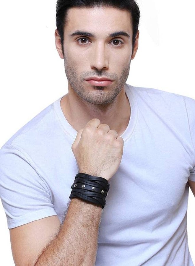 BEAUTIVIA Trending Leather Black Broad Metal Width Gym Style Solid Wrist Band Bracelet Cuff for Boys/Men (Black) - Image 2