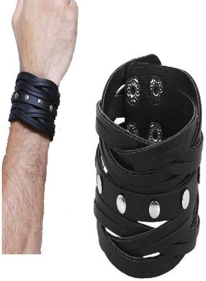 BEAUTIVIA Trending Leather Black Broad Metal Width Gym Style Solid Wrist Band Bracelet Cuff for Boys/Men (Black) - Image 3