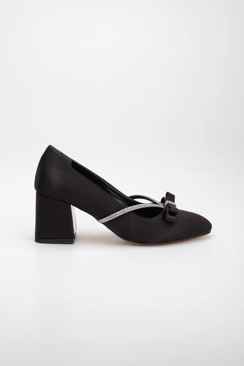 Dilimler Ayakkabı Slices Shoes Bow Stone Detailed Satin Black Large Size Women's Shoes Heeled