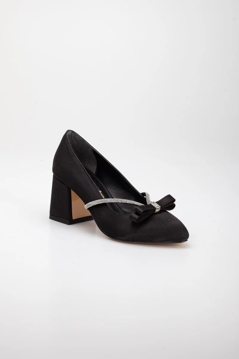 Dilimler Ayakkabı Slices Shoes Bow Stone Detailed Satin Black Large Size Women's Shoes Heeled