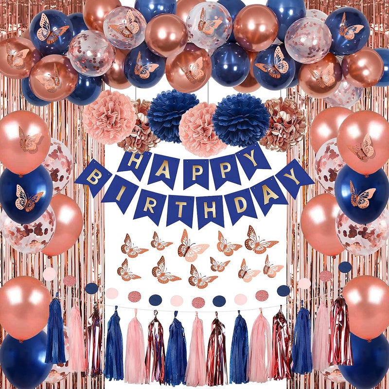 Pugkloy Rose Gold and Navy Blue Birthday Party Decorations with Happy Birthday Banner Curtains Butterfly Wall Circle Dots Garland Tissue Pompoms Paper Tassels for Her