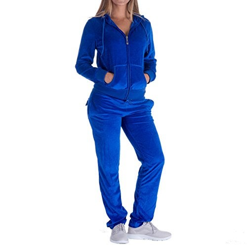 Facitisu Women's Solid Velour Outfits Sweatsuit Set Hoodie and Pants 2 Piece Sport Soft Velvet Suits Tracksuits Small Royal Blue - Image 2
