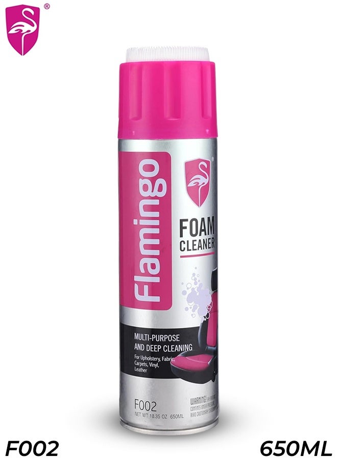 Flamingo Foam Cleaner F002 Multi-Purpose Deep Cleaning Spray for Car Interior Upholstery, Leather, Vinyl, Fabric, Carpets, Door Panels, Kitchen Stoves & Shoes - Restores Color & Removes Odor - 650mL (18.35 oz) Aerosol Can with Scrub Brush. - Image 1