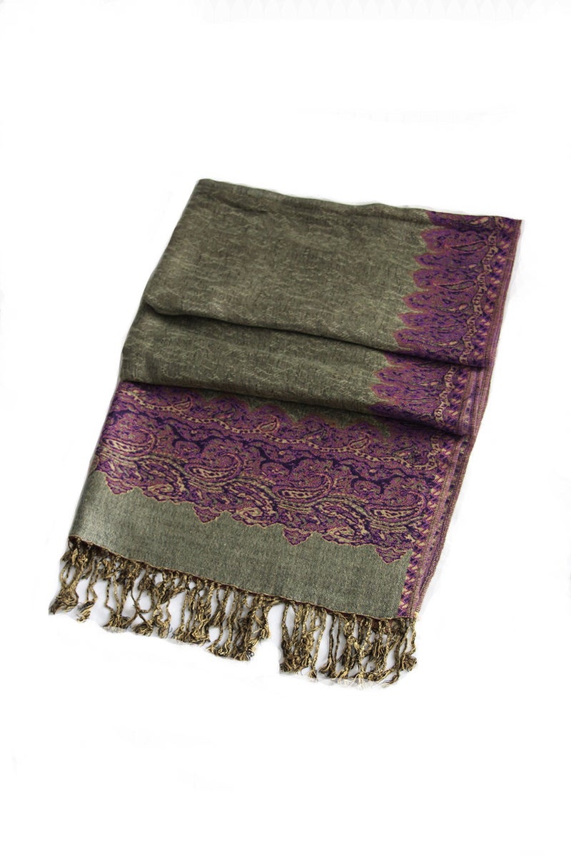 Sakkas Border Pattern Layered Reversible Woven Pashmina Shawl Scarf Wrap Stole - Green Purple - Image 2