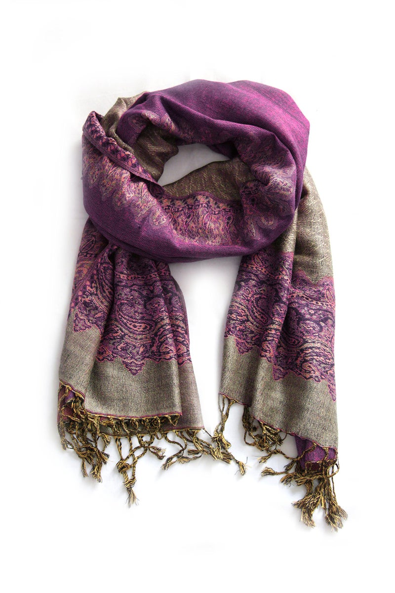 Sakkas Border Pattern Layered Reversible Woven Pashmina Shawl Scarf Wrap Stole - Green Purple - Image 3