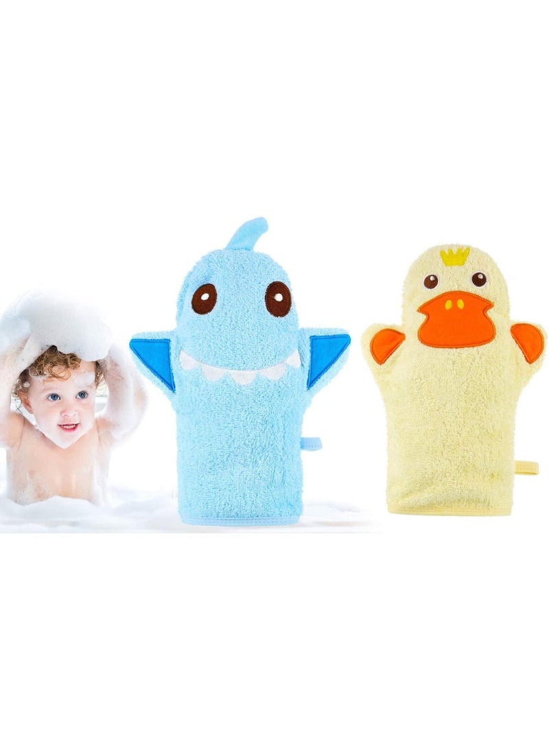 2 Pcs Baby Bath Gloves, Soft Cotton Animal Shaped Shower Mitts for Kids, Skin-Friendly and Quick Lathering Washcloths with Hanging Straps, Safe and Non-Fading Bath Towel for Toddlers and Infants - Image 1