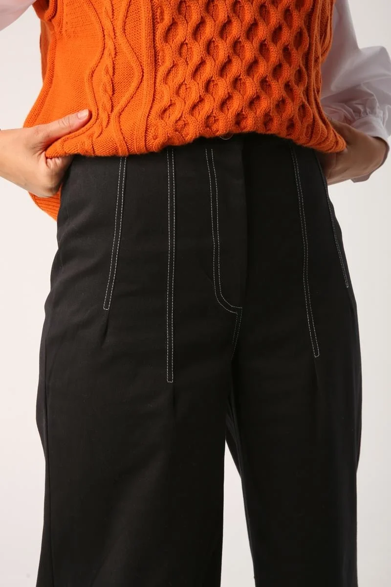 Allday Black-Garni Stitched Wide Leg Trousers