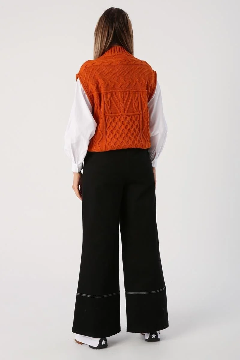 Allday Black-Garni Stitched Wide Leg Trousers