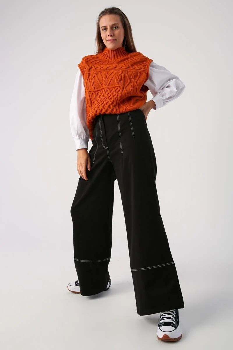 Allday Black-Garni Stitched Wide Leg Trousers