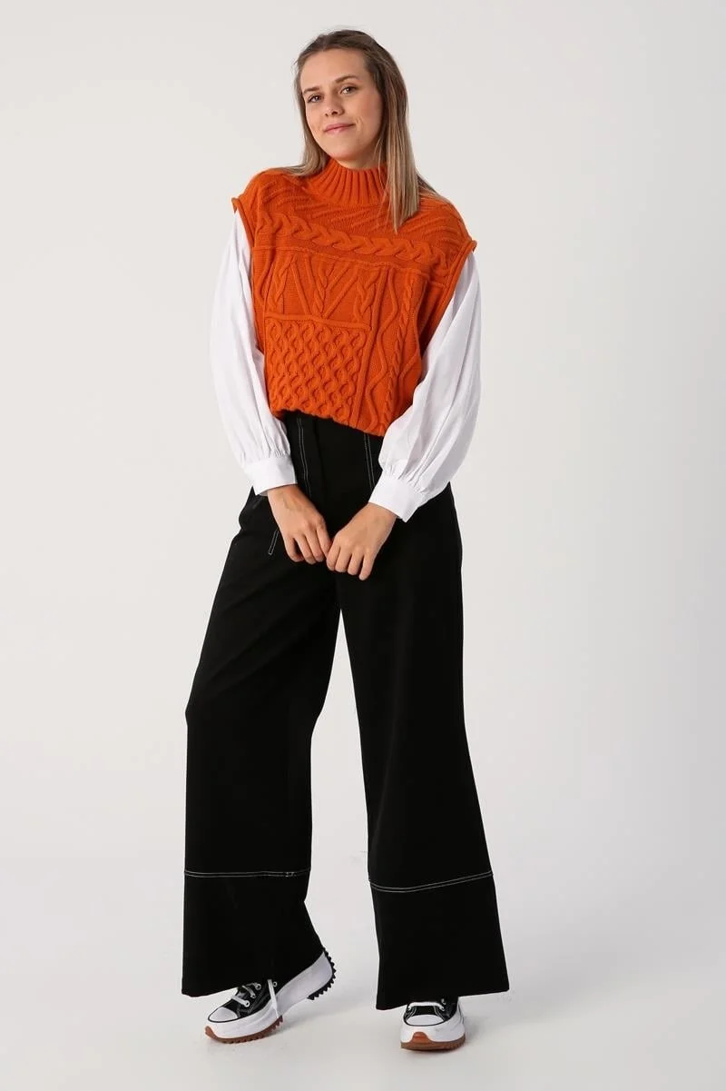 Allday Black-Garni Stitched Wide Leg Trousers