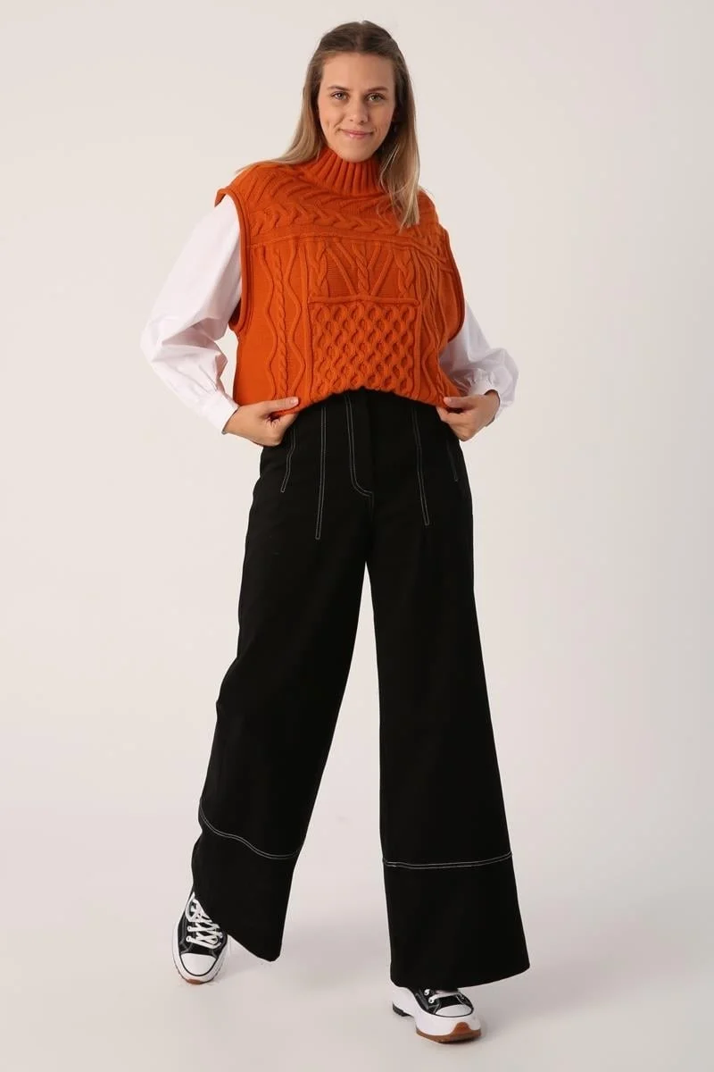 Allday Black-Garni Stitched Wide Leg Trousers