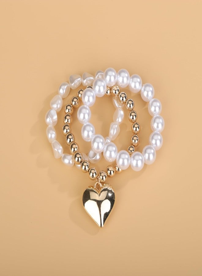 بيريوان سوار بيريوان من اللؤلؤ السميك والخرز الذهبي مع قلادة على شكل قلب، أساور ساحرة على شكل قلب، سوار متراص على شكل قلب للنساء (3 قطع) - Image 4