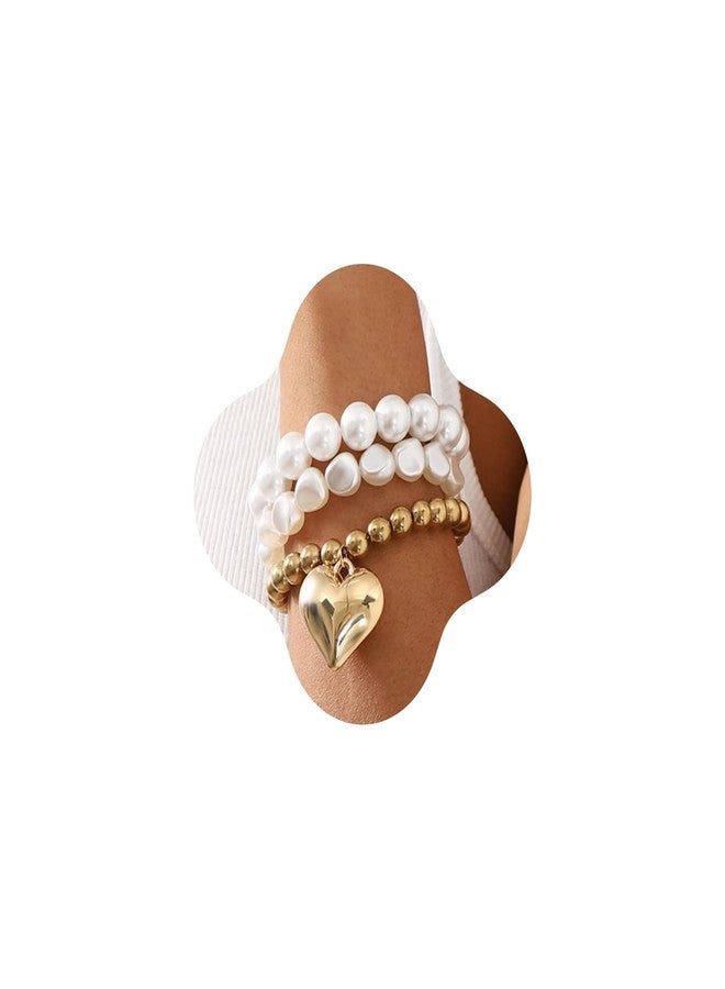 بيريوان سوار بيريوان من اللؤلؤ السميك والخرز الذهبي مع قلادة على شكل قلب، أساور ساحرة على شكل قلب، سوار متراص على شكل قلب للنساء (3 قطع) - Image 1