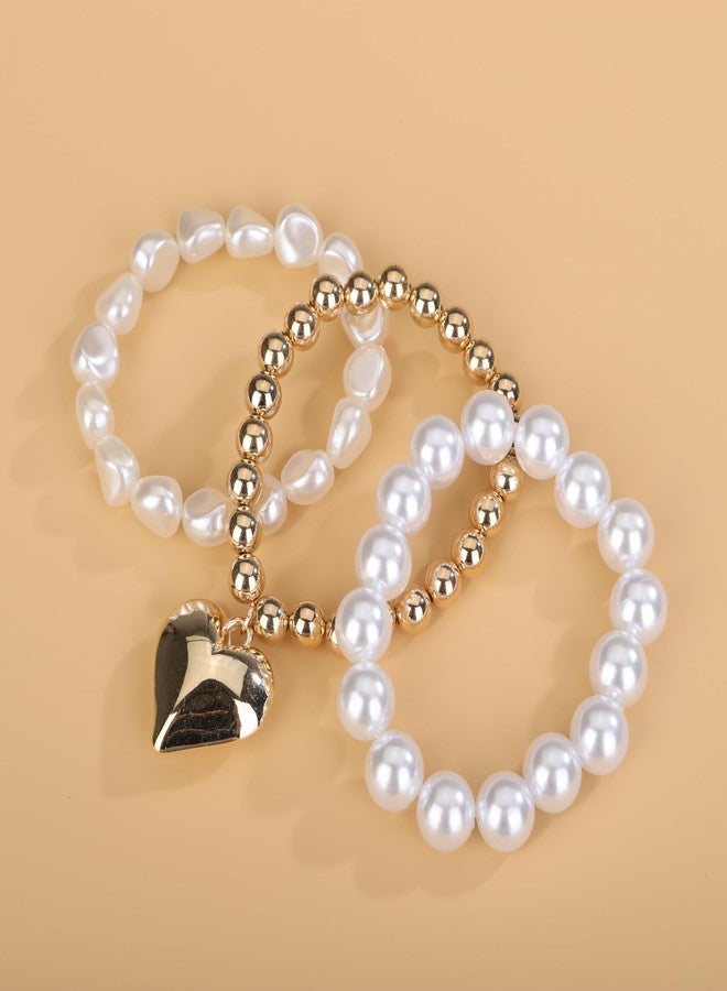 بيريوان سوار بيريوان من اللؤلؤ السميك والخرز الذهبي مع قلادة على شكل قلب، أساور ساحرة على شكل قلب، سوار متراص على شكل قلب للنساء (3 قطع) - Image 5