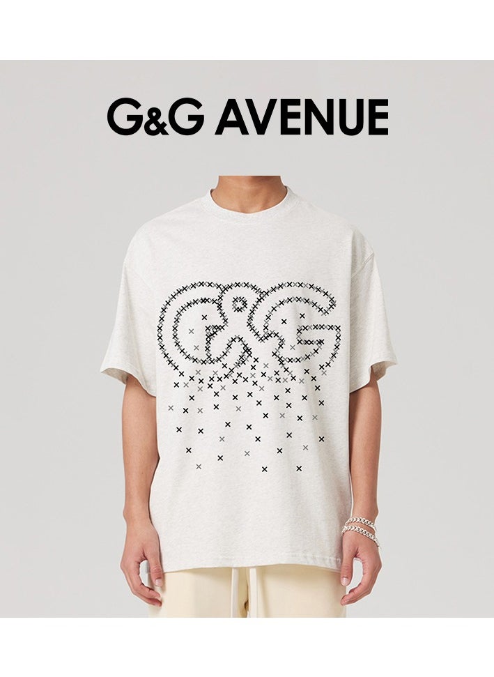 G&G AVENUE - Heavy cotton fabric Men's Sports Style Pure Cotton Thick Oversized Round Neck T-shirt White Trendy Letter Pattern Casual Style (One Piece) - Image 1