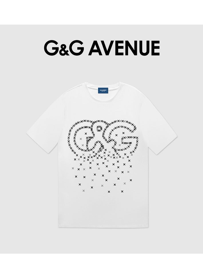 G&G AVENUE - Heavy cotton fabric Men's Sports Style Pure Cotton Thick Oversized Round Neck T-shirt White Trendy Letter Pattern Casual Style (One Piece) - Image 1