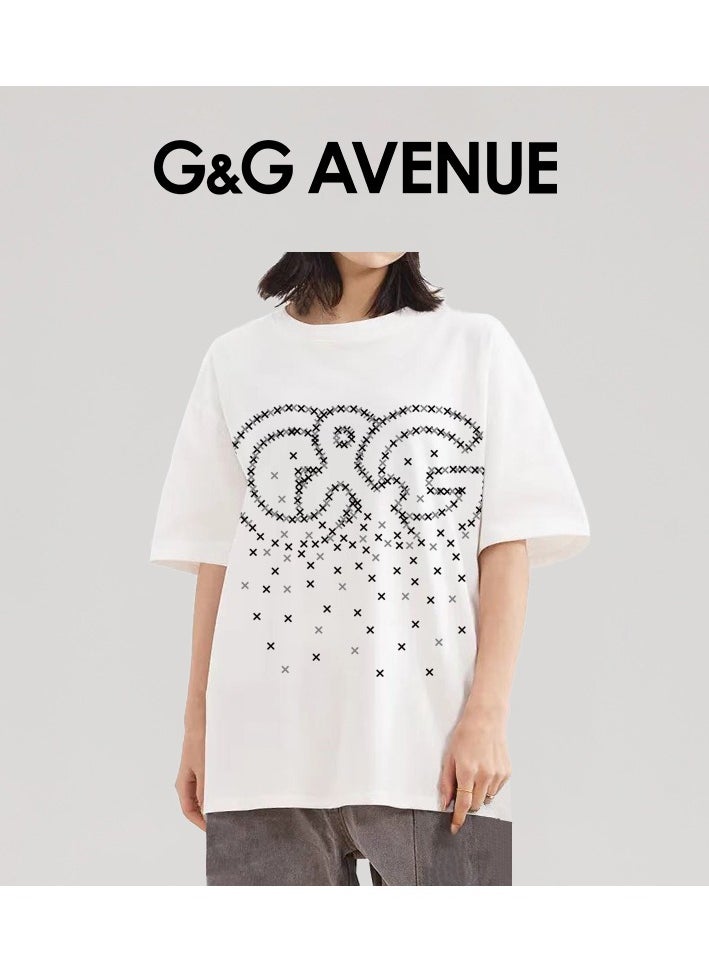 G&G AVENUE - Heavy cotton fabric Men's Sports Style Pure Cotton Thick Oversized Round Neck T-shirt White Trendy Letter Pattern Casual Style (One Piece) - Image 1