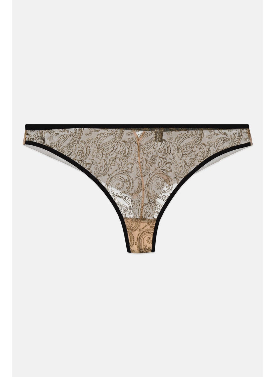 Etam Women Embroidered Pull-On Tanga Panty, Olive  - Image 1