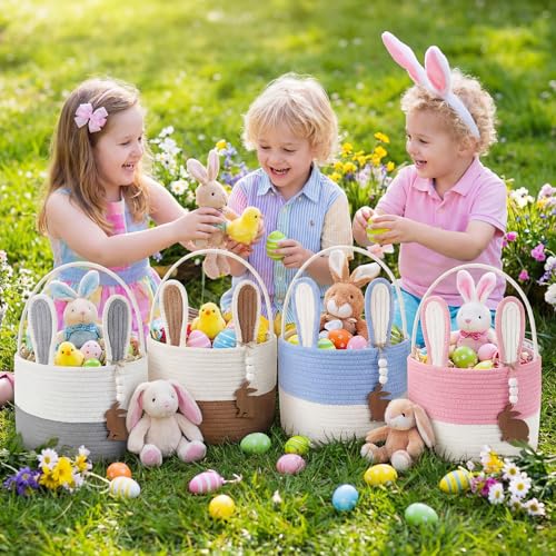 Teecyhooo 4 Set Easter Baskets 9" Easter Bunny Basket with Name Tag Rustic Woven Round Storage with Handle for Egg Hunt Kid Candy Gift Baby Shower Party Supplies(Pink, Blue, Brown, Grey) - Image 5