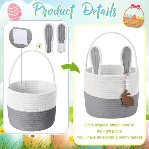 Teecyhooo 4 Set Easter Baskets 9" Easter Bunny Basket with Name Tag Rustic Woven Round Storage with Handle for Egg Hunt Kid Candy Gift Baby Shower Party Supplies(Pink, Blue, Brown, Grey) - Image 3
