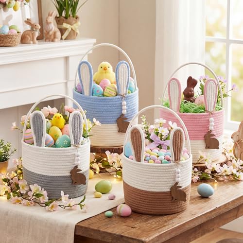 Teecyhooo 4 Set Easter Baskets 9" Easter Bunny Basket with Name Tag Rustic Woven Round Storage with Handle for Egg Hunt Kid Candy Gift Baby Shower Party Supplies(Pink, Blue, Brown, Grey) - Image 4