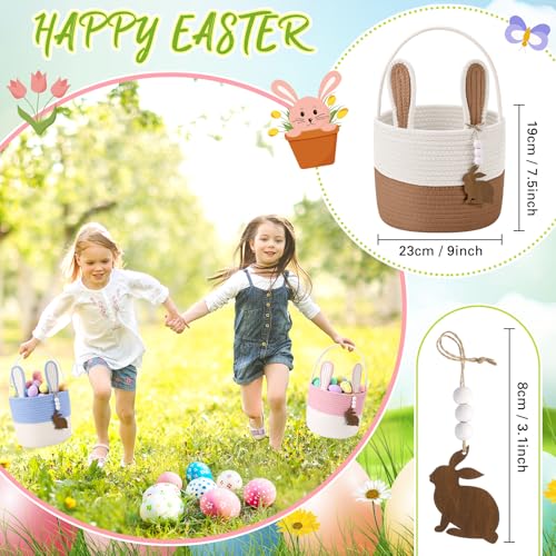 Teecyhooo 4 Set Easter Baskets 9" Easter Bunny Basket with Name Tag Rustic Woven Round Storage with Handle for Egg Hunt Kid Candy Gift Baby Shower Party Supplies(Pink, Blue, Brown, Grey) - Image 2