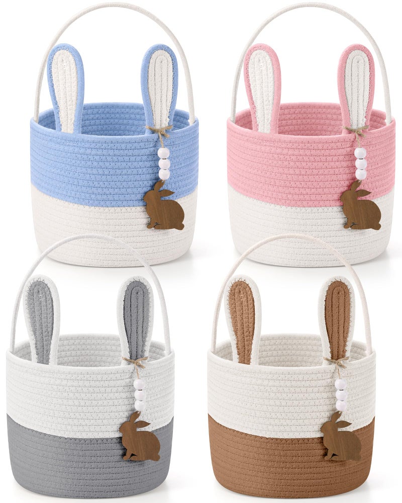 Teecyhooo 4 Set Easter Baskets 9" Easter Bunny Basket with Name Tag Rustic Woven Round Storage with Handle for Egg Hunt Kid Candy Gift Baby Shower Party Supplies(Pink, Blue, Brown, Grey) - Image 1