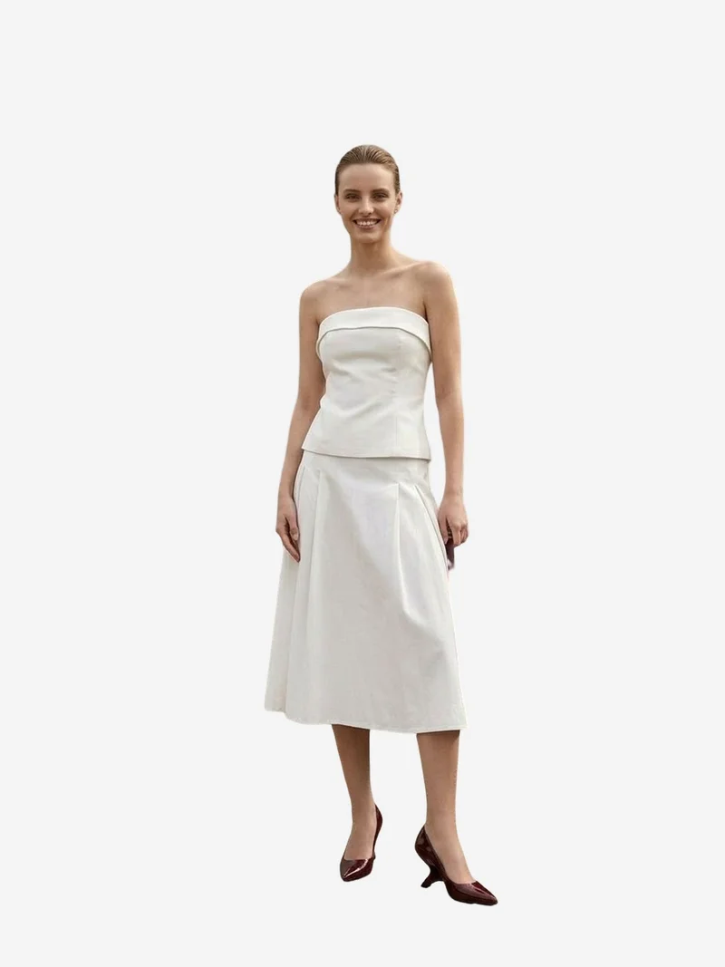 My Fashion Dusty White MY FASHION Strapless Blouse and High-Waist Midi Skirt Set for Women | Best Price UAE