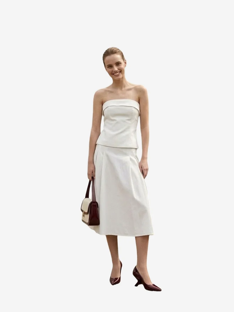 My Fashion Dusty White MY FASHION Strapless Blouse and High-Waist Midi Skirt Set for Women | Best Price UAE
