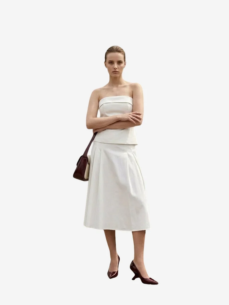 My Fashion Dusty White MY FASHION Strapless Blouse and High-Waist Midi Skirt Set for Women | Best Price UAE