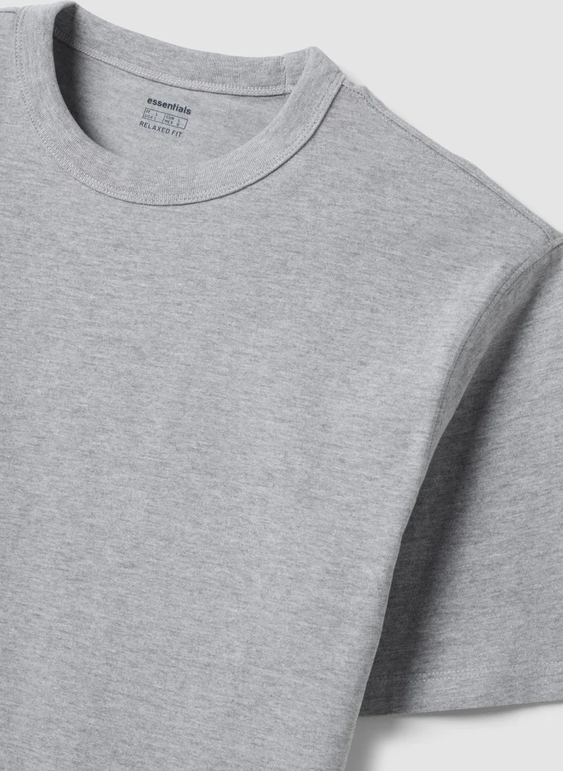 او في اس OVS Grey Pure Cotton Crew-Neck T-Shirt, Relaxed Fit