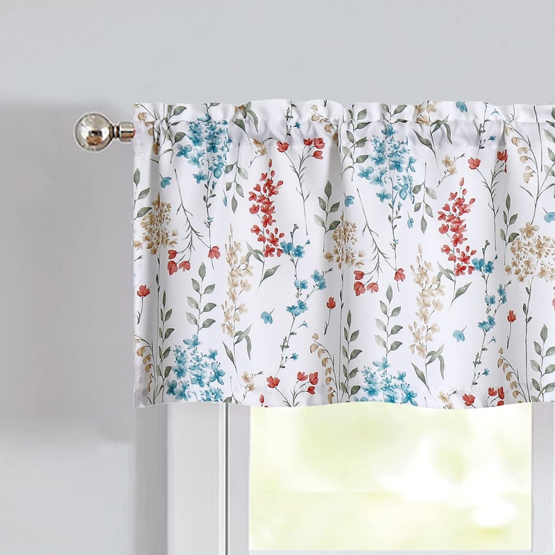 ZJDECOR Floral Kitchen Curtain Valance Colorful Botanical Flower Print Farmhouse Rod Pocket Small Curtains for Kitchen Cafe Bathroom Window Treatment 56 x 15 Watercolor 1 Panel
