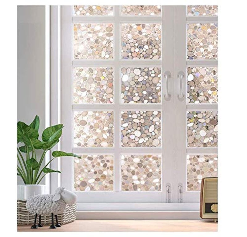 No Glue Privacy Window Film Decorative Window Film Static Cling 3D Cobblestone Vinyl Window Sticker, Static Cling Decal Cling Glass Window Films for Decorative Privacy Heat Control