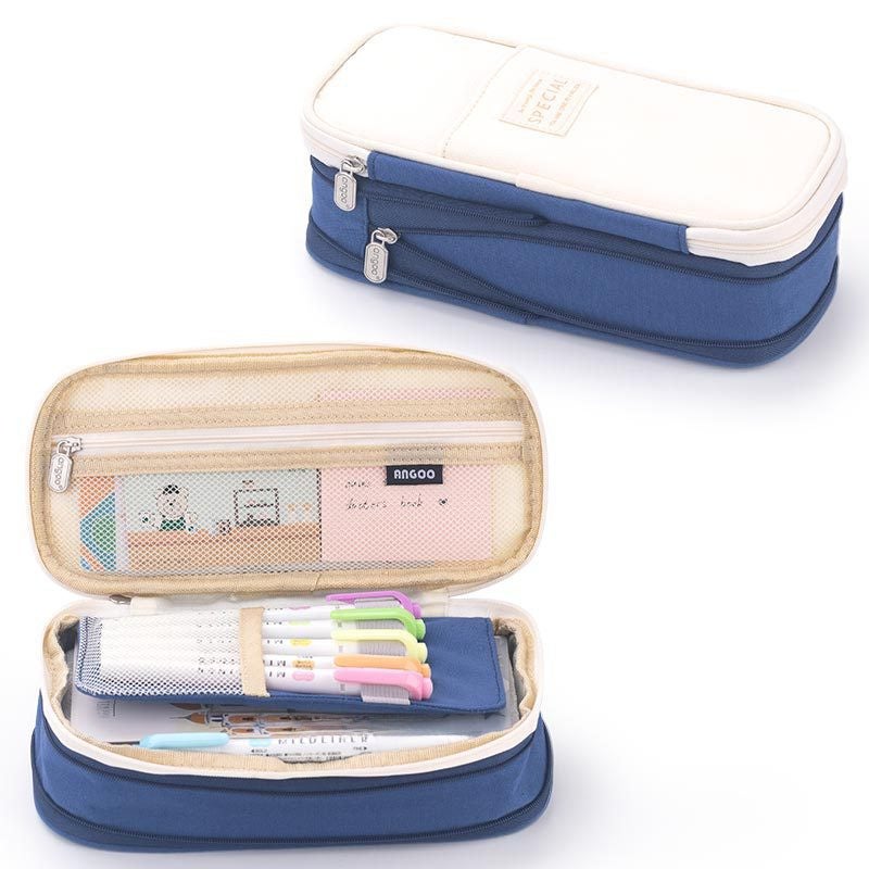 Macaron Color Splicing Large Capacity Pencil Case 572 navy blue/beige