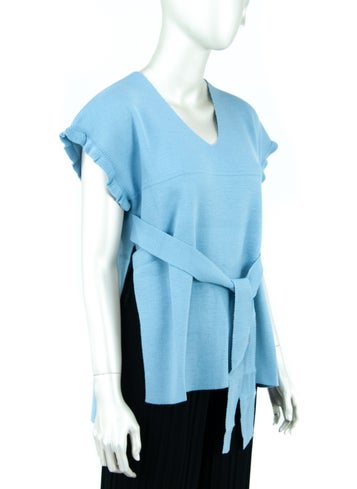 Oppland Women's Winter Solid Color V-Neck Waist Belted Half Sleeve Lycra Woven Knitwear Shirt Top Sweater  - Image 1