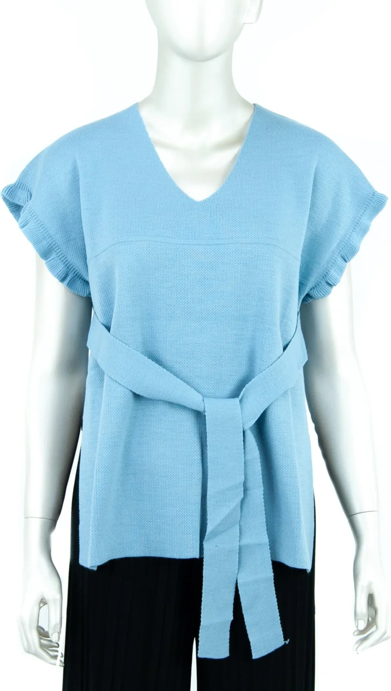 Oppland Women's Winter Solid Color V-Neck Waist Belted Half Sleeve Lycra Woven Knitwear Shirt Top Sweater