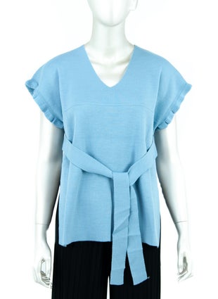 Oppland Women's Winter Solid Color V-Neck Waist Belted Half Sleeve Lycra Woven Knitwear Shirt Top Sweater  - Image 3
