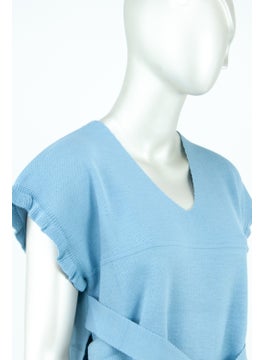 Oppland Women's Winter Solid Color V-Neck Waist Belted Half Sleeve Lycra Woven Knitwear Shirt Top Sweater  - Image 2