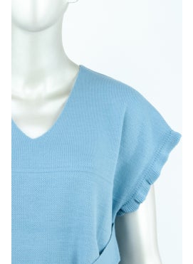 Oppland Women's Winter Solid Color V-Neck Waist Belted Half Sleeve Lycra Woven Knitwear Shirt Top Sweater  - Image 4