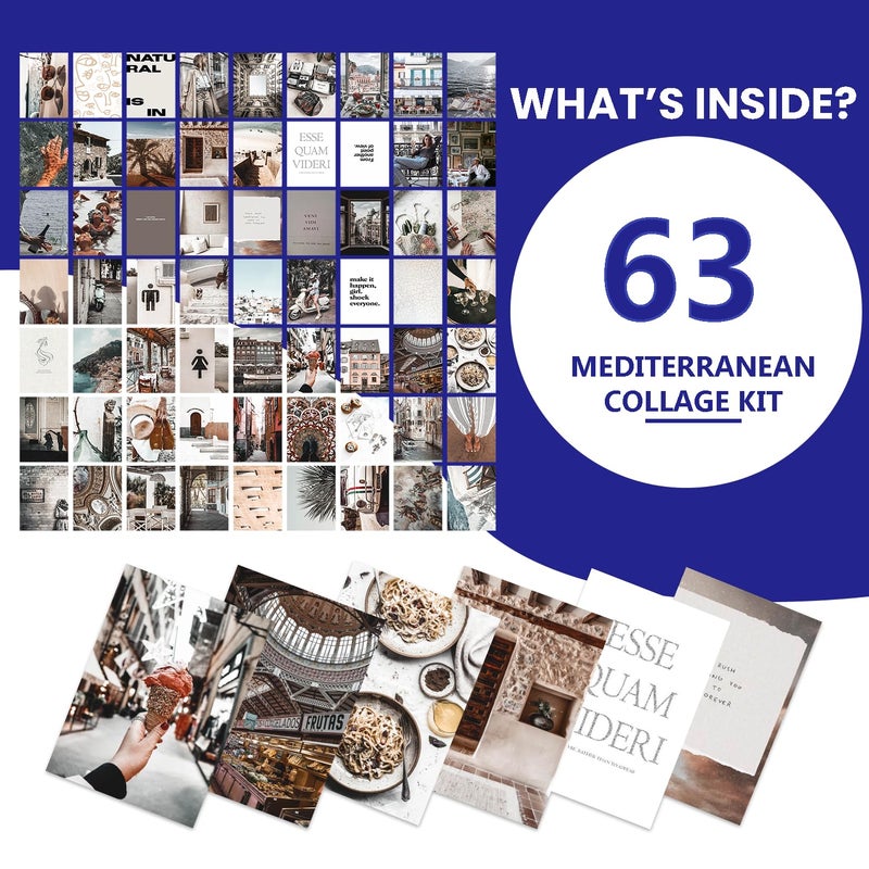 VEENSHI مجموعة من 63 مجموعة كولاج حائط بتصميم ميديتراني Minimal Aesthetic، ديكور غرفة الفتاة، ديكور السكن، مجموعة كولاج الصور، كولاج حائط (حجم 6x4 بوصة، ورق 300 GSM) - Image 4