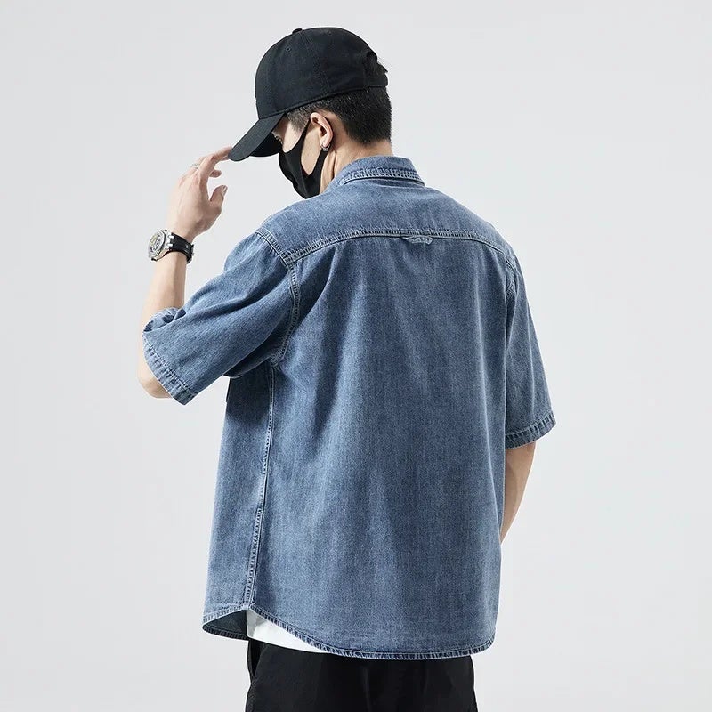 Plus size men''s summer new retro Denim short-sleeved shirt men''s loose plus size simple Denim shirt - Image 4