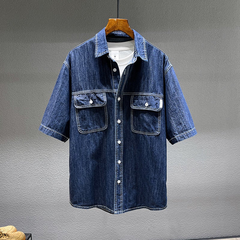 Plus size men''s summer new retro Denim short-sleeved shirt men''s loose plus size simple Denim shirt - Image 1